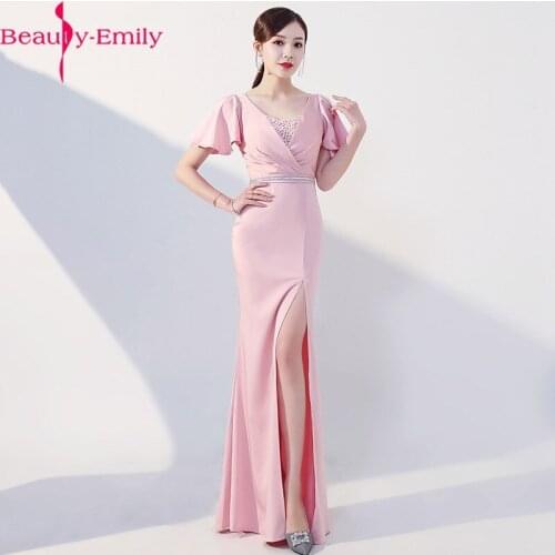 Beauty Emily Romantic V Neck Short Sleeve Evening Dress Long Satin Beading Zipper Back Appliques Dress with Sashes