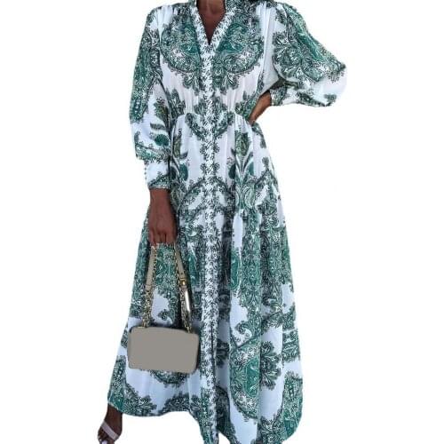 Women Maxi Dress Bohemia Ethnic Print Split Hem Autumn 2021 Long Sleeve V Neck Pleated Waist Beach Long Dress Party