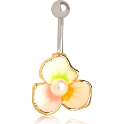 Gold Navel Ring Enamel Esmaltes Pearl Body Feminino Umbigo Piercing Flower 316L Surgical Steel Jewelry Pearls Bikini Belly Ring