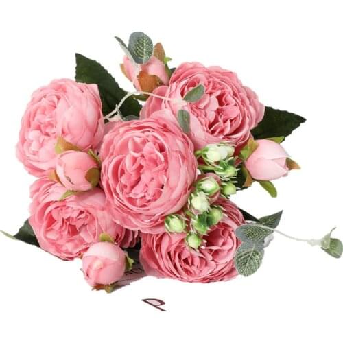 1 Bouquet 5 Big Head and 4 Bud Cheap Fake Flowers for Home Wedding Decoration Rose Pink Silk Peony Artificial Flowers