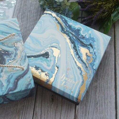 18.5*18.5*6cm 3set Gold Deep Blue Marble Gift Design Paper Box + Bag As Baby Shower Birthday Wedding Gift Packaging Use
