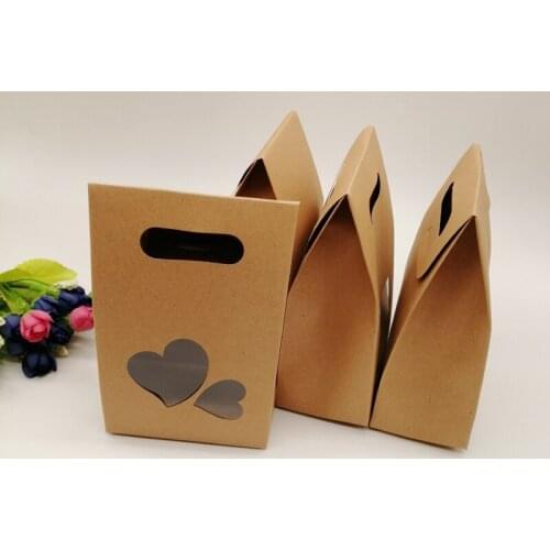 20pcs Heart Kraft Paper Bag Paper Bags for Gifts Food Wedding Jewelry Bag with Handle Window Packaging Storage Bag Kraft Pouch