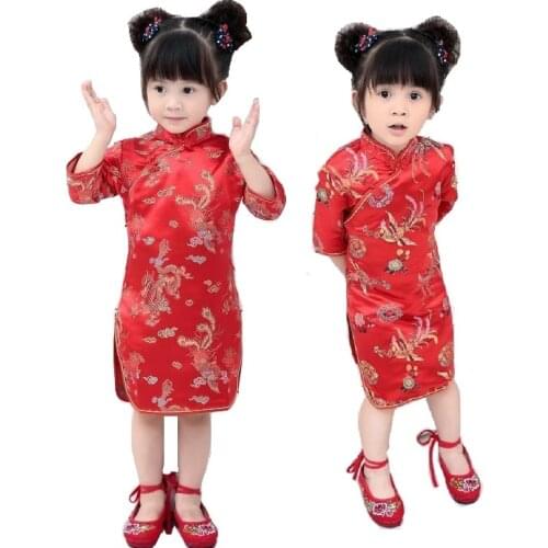 2020 Chinese Spring Festival Baby Girls Dress Tribute Silk Dragon Phoenix Happy RED Qipao Children Cheongsam Girl Clothes Jumper