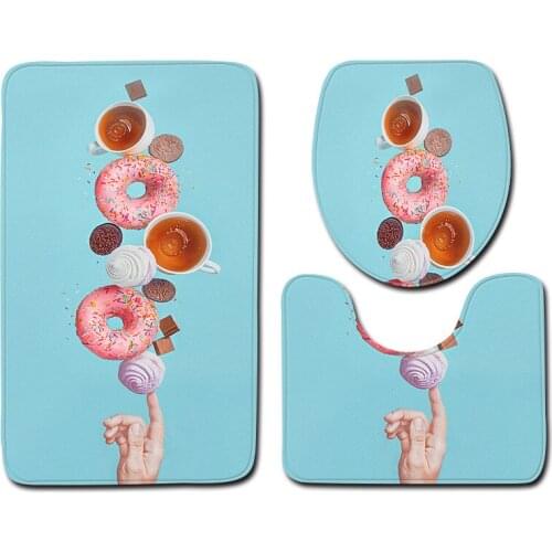 3pcs/set Doughnut Print Anti-slip Bathroom Floor Mat Home Decor Shower Velvet Toilet Cover Bath Door Carpet Mats and Rugs Sets