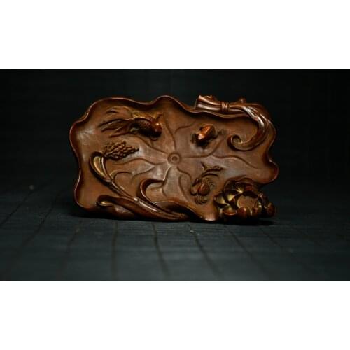 5"China Lucky Old Boxwood Hand-carved Shou Tao statue frog crab Four Beast Statue Pen wash Inkstone Office Ornaments