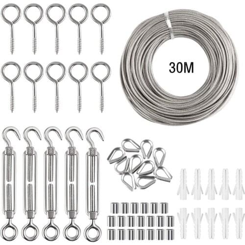 56Pcs 30M Stainless Steel Wire Rope Set Outdoor Garden PVC Coated Cable Clothesline Hanging Kit