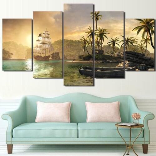 Canvas Painting Wall Art Cuadros Decorative 5 Panel Sailboat And Palm Tree Landscape For Living Room Bedroom Prints Pictures