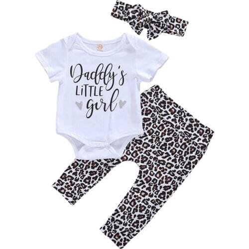 Newborn Baby Girls Boys Clothes Sets Leopard Letter Print Short Sleeve Romper Pants Headband 0-24M