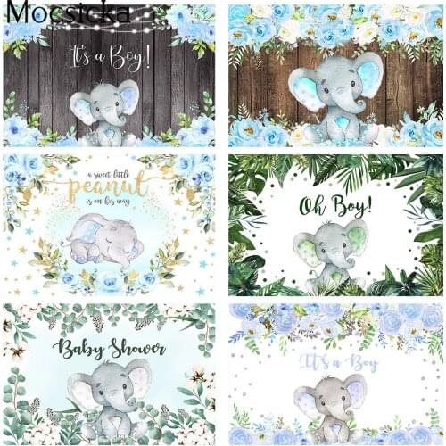 Boy Elephant Backdrop for Birthday Baby Shower Party Decoration Blue Watermelon Flowers Photo Background Studio Photocall Props