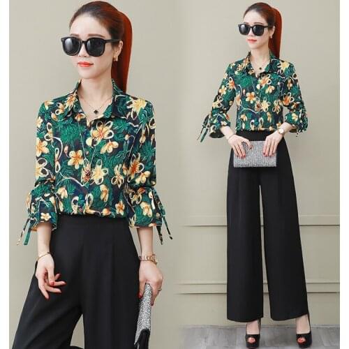 Fashion womens 2018 spring new style womens elegant temperament shirt + wide leg pants two-piece flower shirt suit