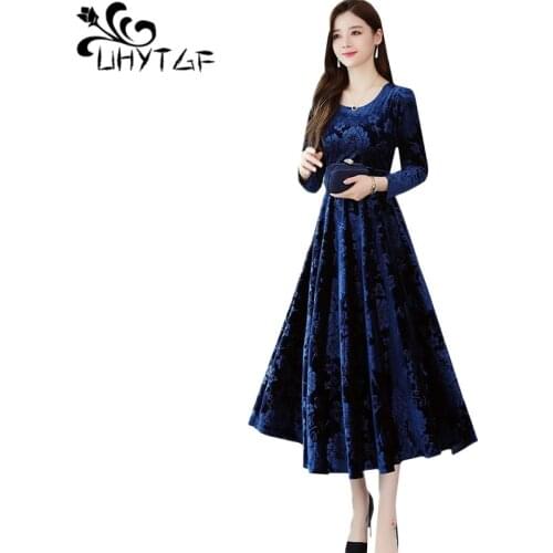 UHYTGF Fashion women dress long-sleeved big swing type beach long dresses elegant mother loose autumn winter dress plus size 894