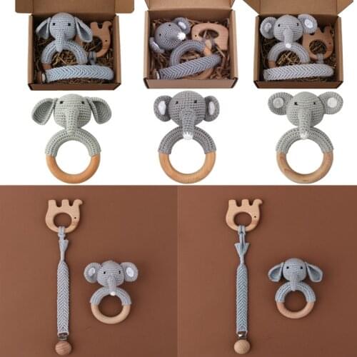 1 Set Cartoon Crochet Elephant Baby Rattle Toys Beech Wood Ring Newborn Gym Mobile Rattles Pacifier Clip Set Educational Toys