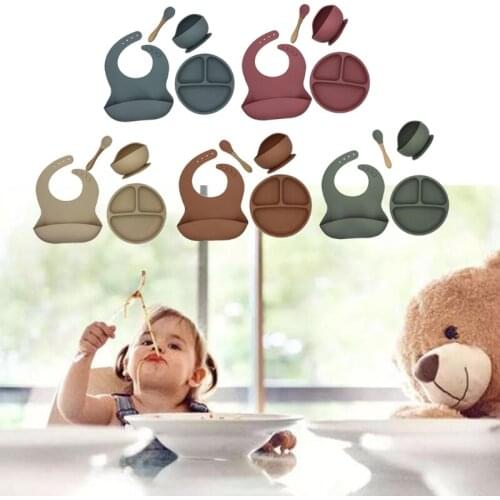 4Pcs/set BPA Free Baby Silicone Tableware Waterproof Bib Solid Color Dinner Plate Sucker Bowl And Spoon For Children