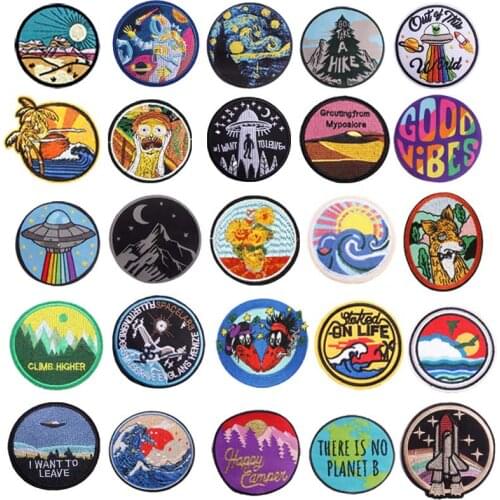 Astronaut/Van Gogh Embroidery Iron On Patches For Clothes A-Level Personality Patches On Clothing Stripes Mountain Wave Sticker