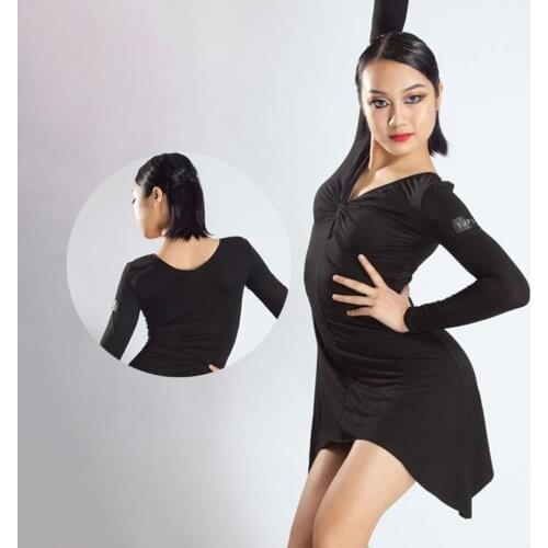 2020 New T005 V Neck Long Sleeve Latin Dance Dress Women Performance Costume Ballroom Dresses Latino Dancewear