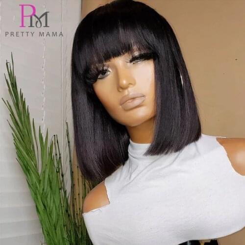 Brazilian Short Straight Human Hair Wig with Bangs Cheap Full Machine Made Bob Wig 6 - 14 Inch Fringe Wig for Women Pretty Ma Ma