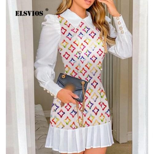 Turn-down Collar Slim Pleated Dress Women Autumn Elegant Buttons Stitching Fake Two-piece Dress Vintage Print Party Mini Dresses