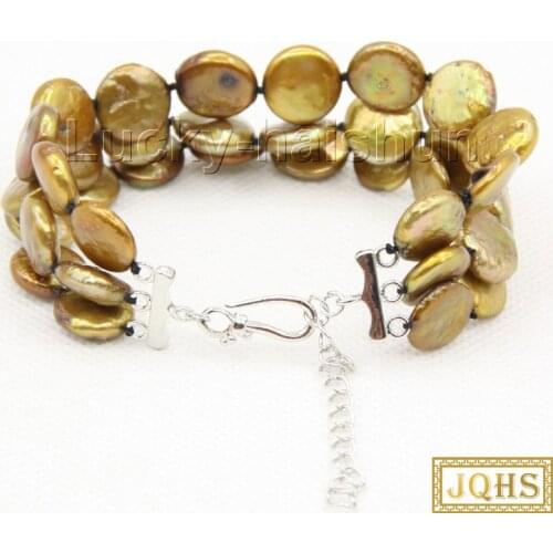 Adjustable 7"-9.5" 3row 11mm coin fastener coffee freshwater pearls bracelet 18KGP clasp j10036