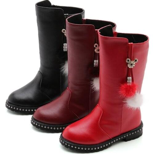 Fashion Girls Leather Plus Velvet Warm Rhinestone Tassel High Boots For Girls ChildrenS Kids Boots Waterproof Winter Snow Boots