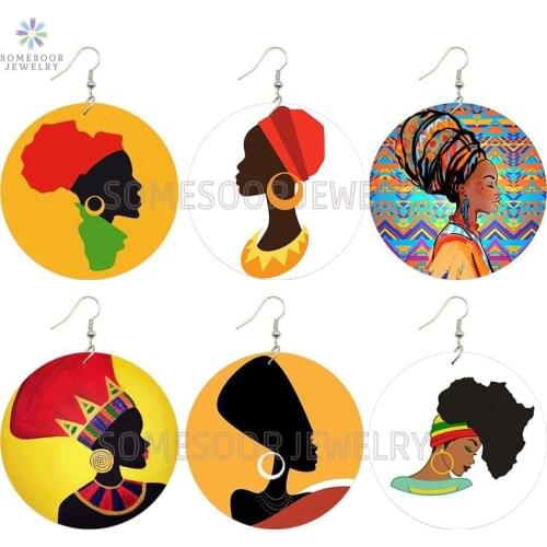 SOMESOOR Afro Ethnic Headwrap Woman Wooden Tribal Earrings African Locs Dope Black Arts Printed Hoops Dangle For Women Gifts
