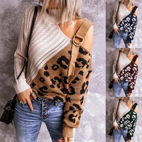 Fashion Woman Sweaters Knitted Leopard Patchwork Turtleneck One Shoulder Sweater Twist Knitted Pullover Loose Women Sweaters