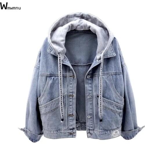 Street Casual Loose Pocket Button Patchwork Denim Jacket Korean Vintage Outerwear Boyfriend Style Hooded Black Jean Jacket Women
