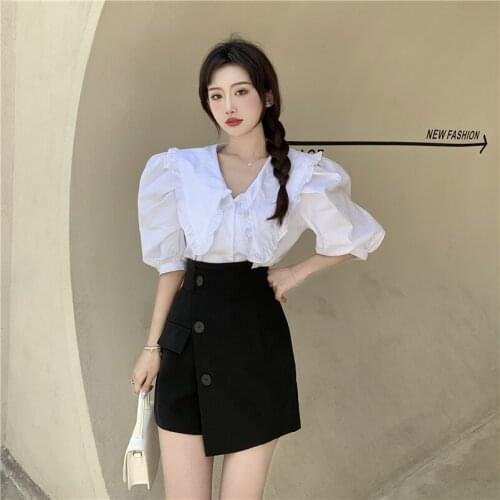 Skirt Set Women Two Piece Set Ladies Elegant White Half Puff Sleeve Shirt High Waist Irregular Mini Skirt Suits 2 Piece Outfits