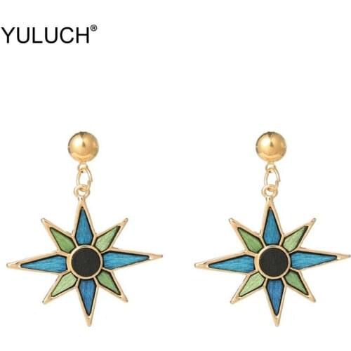 YULUCH Ethnic African Indian Gold Metal Zinc Alloy Setting Green Geometric Wood Star Big Stud Earrings Fashion Jewelry For Women