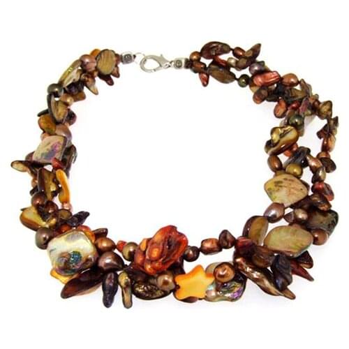 Natural Shell And Pearl Jewellery,3Rows Knotted Freshwater Pearl Coffee Nugget Shell Baroque Beads Necklace,18inches