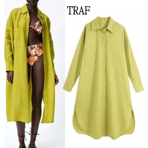TRAF Za 2021 Yellow Blouses Woman Oversized Long White Shirt Spring Button Up Shirt Pink Top Long Sleeve Casual Women Clothing