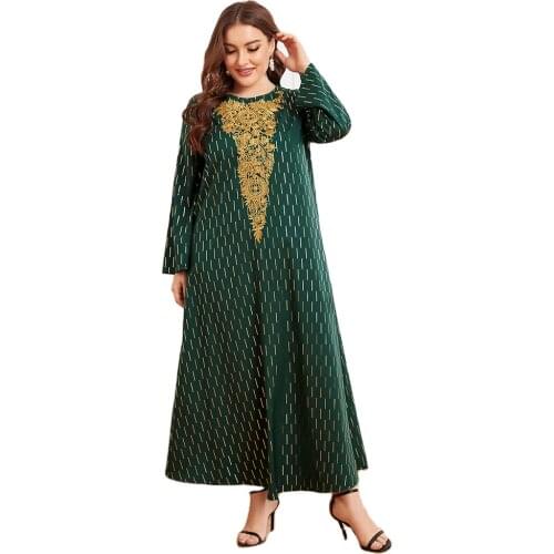 Women Round-Neck Green Dress Tradtional Muslim Abaya Long Seelve Embroidery Kimono Robe Plus Size Causal Outfit Abaya M-4XL