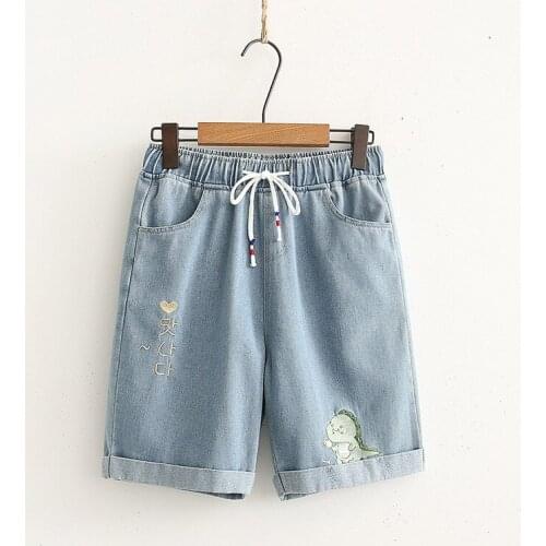 Women Denim Shorts Elastic Waist Five-Point Pants Dinosaur Embroidery Loose Shorts 2021 Summer Casual Ladies Bottoms 2117286