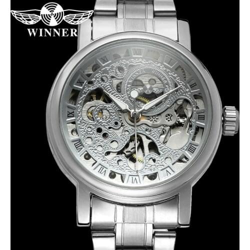 WINNER Classic Automatic Mechanical Women Wristwatch Clock Top Brand Luxury Silver Stainless Steel Skeleton Ladies Watch 8005