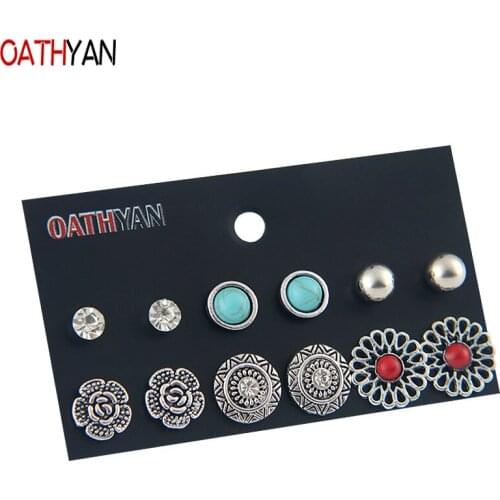 OATHYAN 6 Pairs/Set Womens Ancient Silver Color Metal Flower Stud Earrings Sets Female Vintage Green Stone Rhinestone Earring