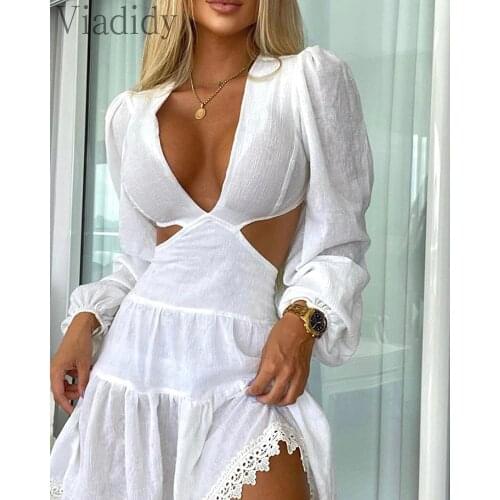 Women Deep V Neck Lantern Sleeve Cutout Waist Lace Patchwork Summer Dress