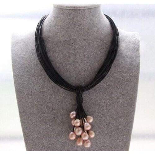 17'' 43cm Women Jewelry 9mm pink purple oval pearl a bunch of pearl pendant Multilayer black Leather rope necklace Natural pearl