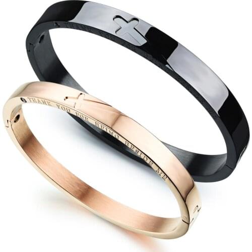 BONISKISS Custom Lover Couple Bracelet Stainless Steel Cross Rosegold Black Color Bracelets & Bangles For Men Women Gift 2020