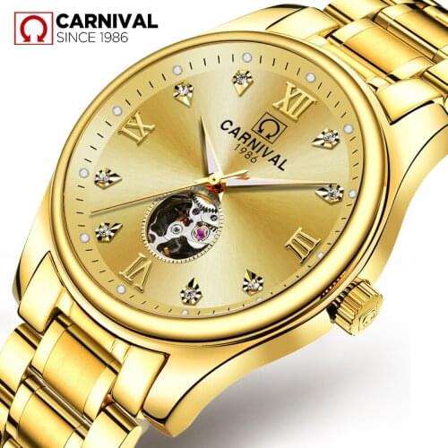 CARNIVAL Brand Gold Automatic Watch Men Luxury Waterproof Fashion Hollow Business Mechanical Wristwatch Clock Relogio Masculino