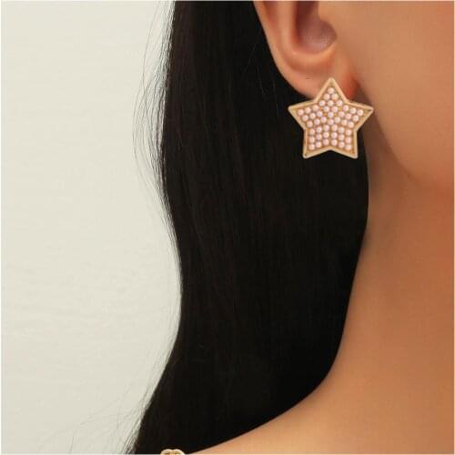 HaHaGirl Simple Star Pearl Stud Earrings For Women Retro Gold Silver Geometric Stud Earring Fashion Party Jewelry Accessories