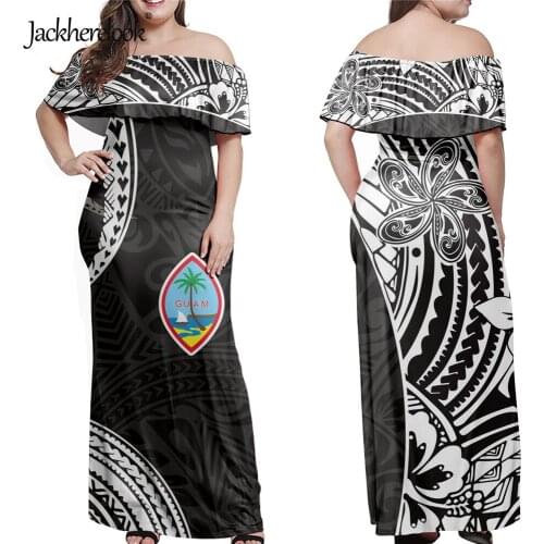 Jackherelook Black Polynesian Tribal Guam Flag Print Summer Off Shoulder Long Dress for Womens Elegant Ladies Bodycon Dresses