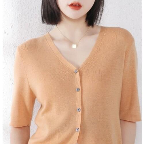 Spring and summer new cashmere knitted cardigan womens short-sleeved V-neck five-point sleeves