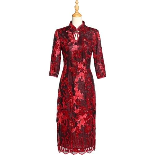Govani autumn womens new elegant red jacquard half sleeve fitted Chinese dress Qipao for party