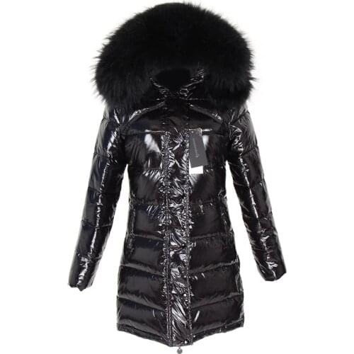 MAOMAOKONG winter long white duck down lining real raccoon fur collar warm black shiny streetwear jacket ladies