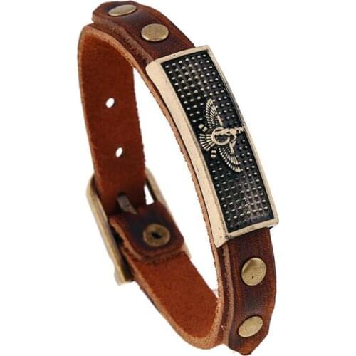 Fashion Vintage Army Bangle Bracelet Chain Alloy Eagle Charms Genuine Leather Wristbands Belt for Women Men Casual Retro Jewelry