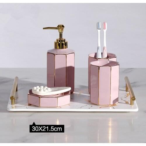 Ceramic Bathroom Accessories Set Soap Dispenser Toothbrush Holder & Gargle Cups Soap Dishes With Tray Lavatory 5 Pieces Sets