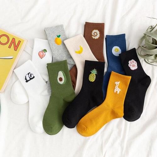 2021 New Breathable Long Crew Socks Korea Japanese Cute Women Sock Cotton Elastic Funny Pattern Cartoon Fruit Socks