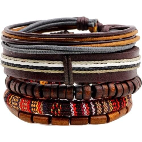 New Bracelet Five-Piece Wooden Beads Wax Yarn Leather Rope Woven Beading Bracelet
