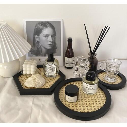 Wood Grain Rattan Tray Desktop Accessories Storage Tray Nordic Style Japanese Style Photographing Props Retro