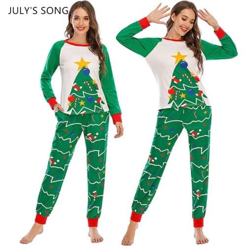 JULYS SONG Christmas Green 2 Pieces Pajamas Set Autumn Winter Sleepwear Cotton Christmas Pattern Loose Casual Homewear
