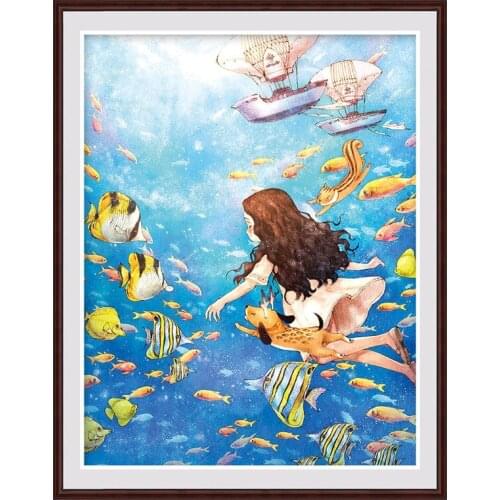 Needlework,Printed Cross stitch,Sets For Embroidery kit Full Embroidery Cross-Stitching Silk Cartoon Girl Underwater World